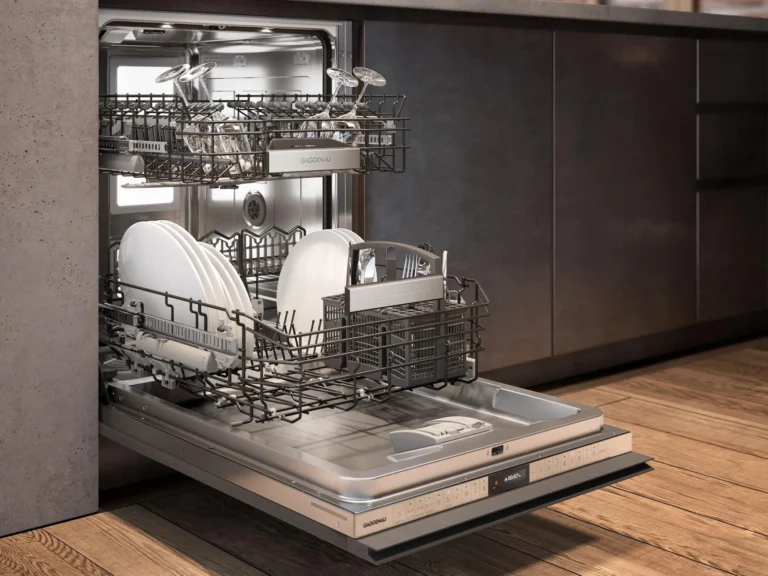 Built-in dishwasher with the racks pulled out